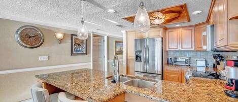 Fridge, microwave, coffee/tea maker, toaster