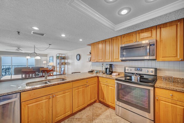 Fridge, microwave, coffee/tea maker, toaster