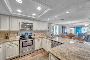 Fridge, microwave, coffee/tea maker, toaster