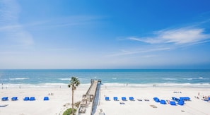 Ein Strand mit einem Steg, blauen Liegestühlen und einer Palme.