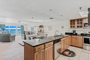 Fridge, microwave, coffee/tea maker, toaster