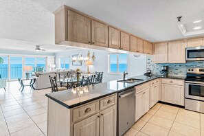 Fridge, microwave, coffee/tea maker, toaster