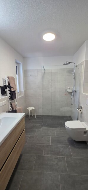 Douche, sèche-cheveux, serviettes fournies, savon