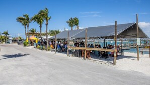 Un restaurant situé en bord de mer, avec une terrasse, des palmiers et une vue sur l’eau.