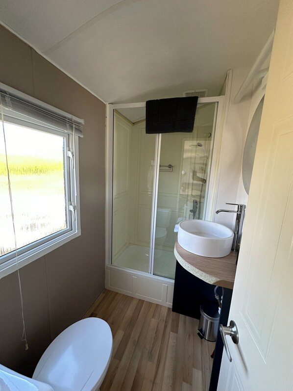 Shower, hair dryer, toilet paper