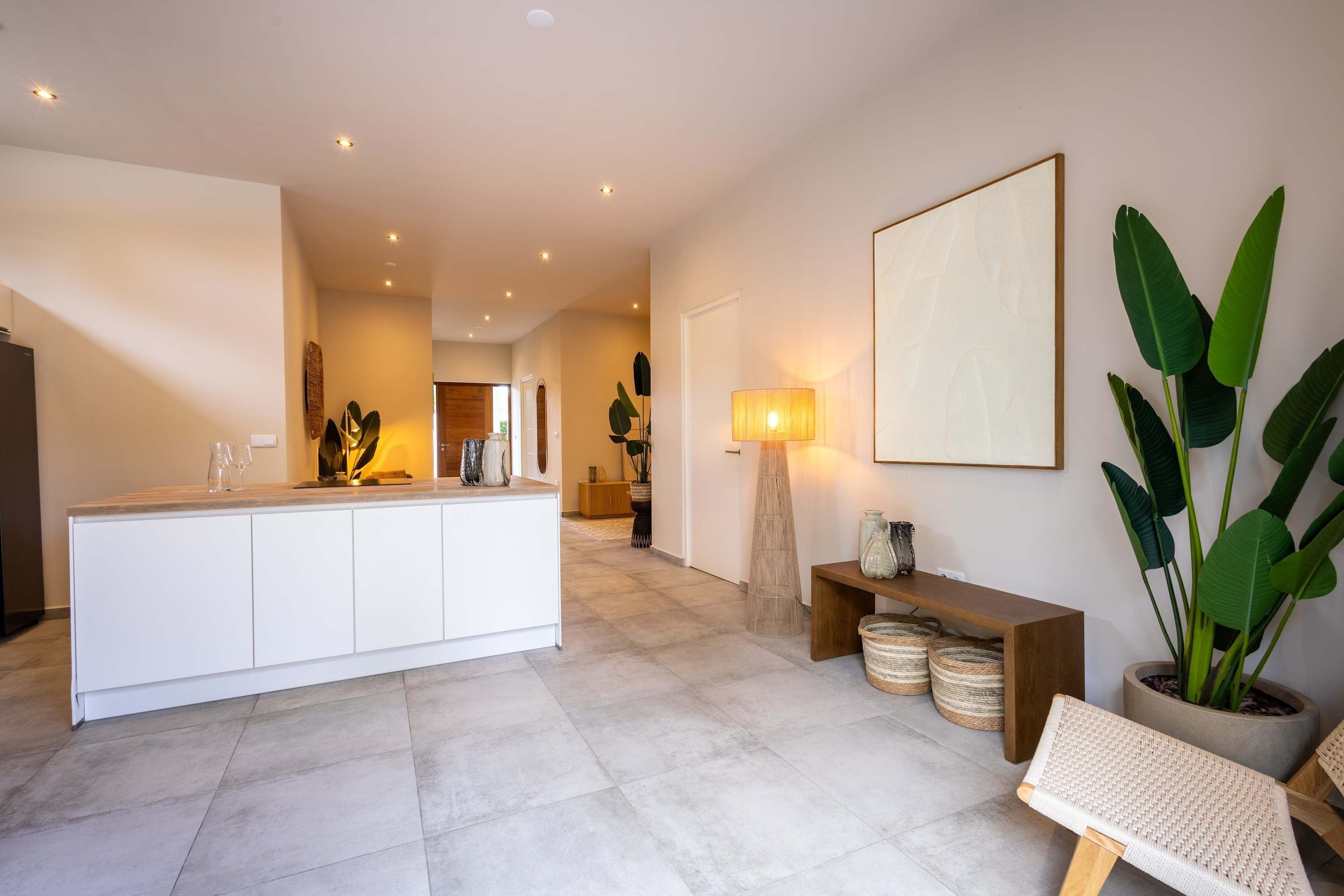 Una cocina moderna con una isla central, una zona de comedor con banco y una planta grande en maceta.