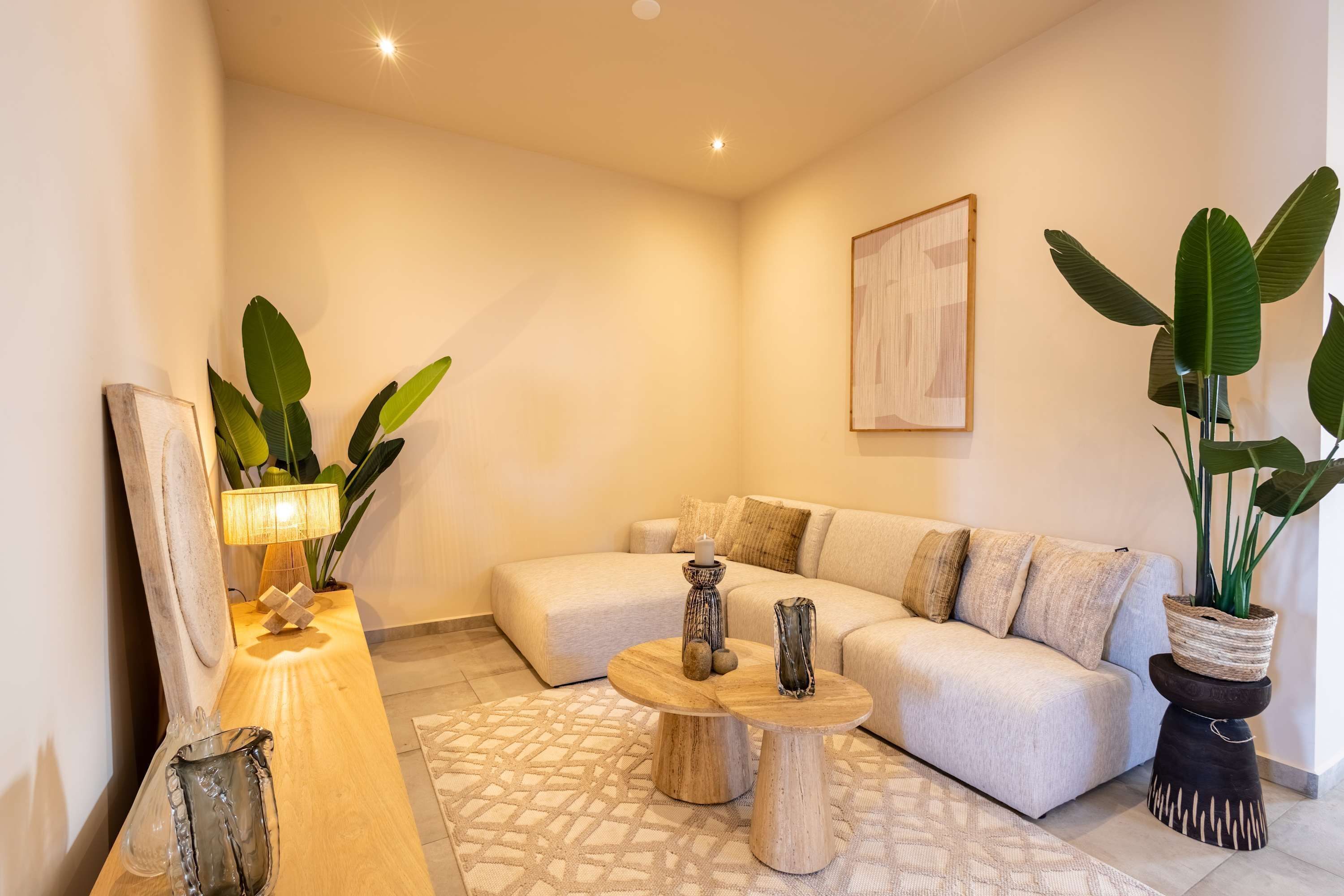 Una sala de estar moderna con un sofá, dos mesas de centro de madera, una lámpara y plantas verdes grandes.