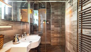 Shower, hair dryer, soap, toilet paper