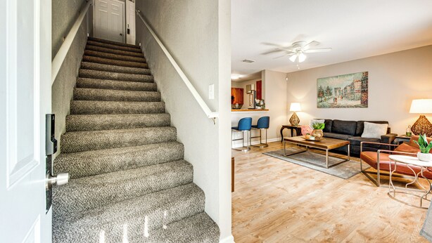A staircase with carpeted steps leading to a door, a living room with a sofa, coffee table, and a painting on the wall. - Universities, Parks & More: Getaway in Tallahassee (Tallahassee)