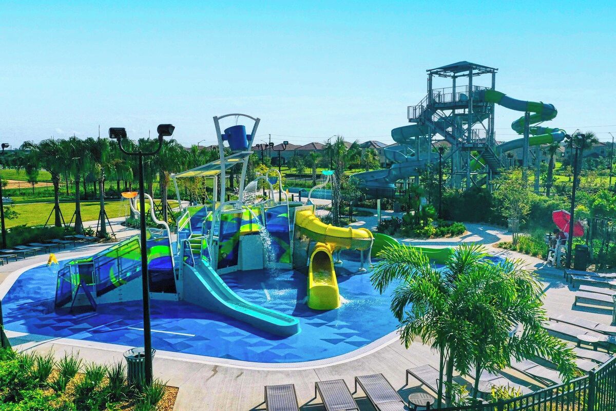 A water park with multiple slides and water features.