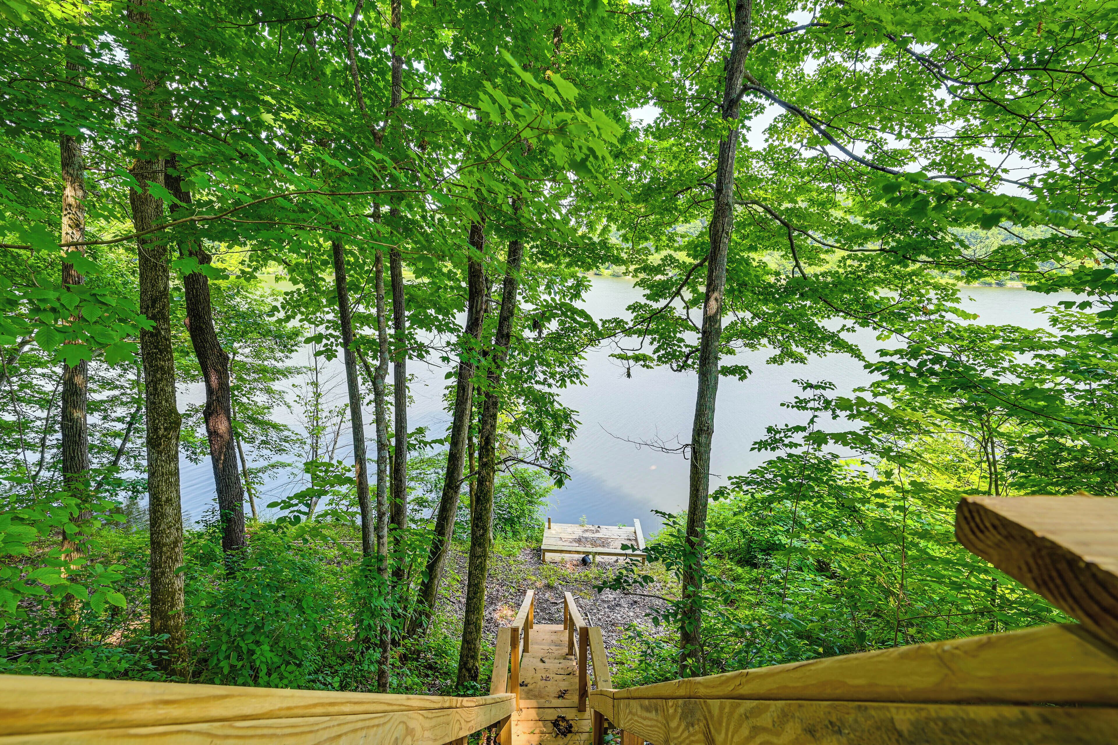 A wooden bridge leading to a dock over a calm lake, surrounded by dense green foliage.