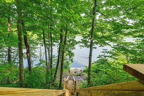 A wooden bridge leading to a dock over a calm lake, surrounded by dense green foliage.