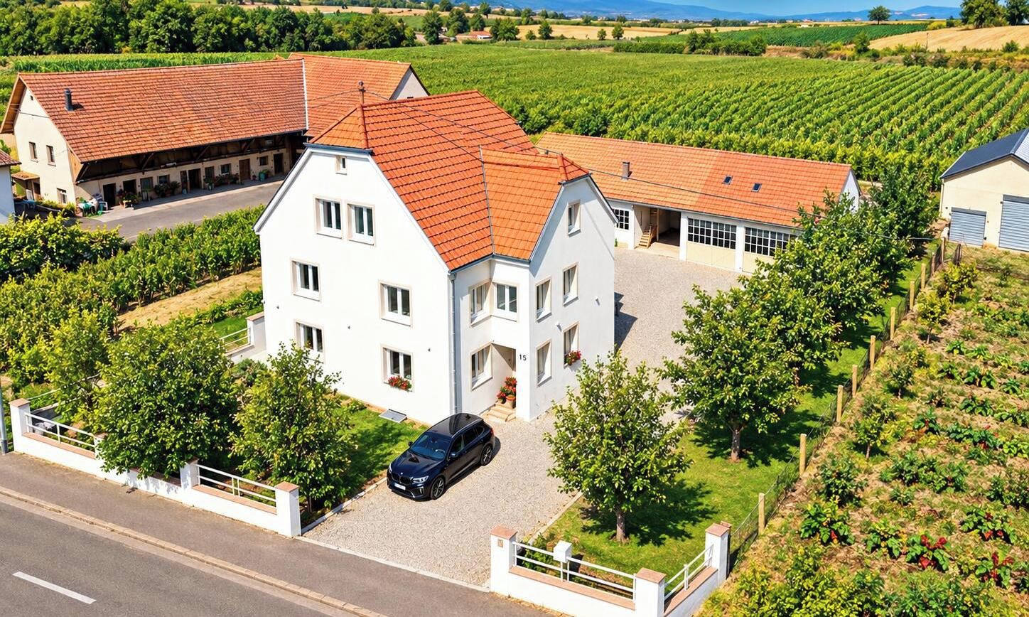 A two-story house with a red-tiled roof, surrounded by vineyards, and a black car parked in the driveway.