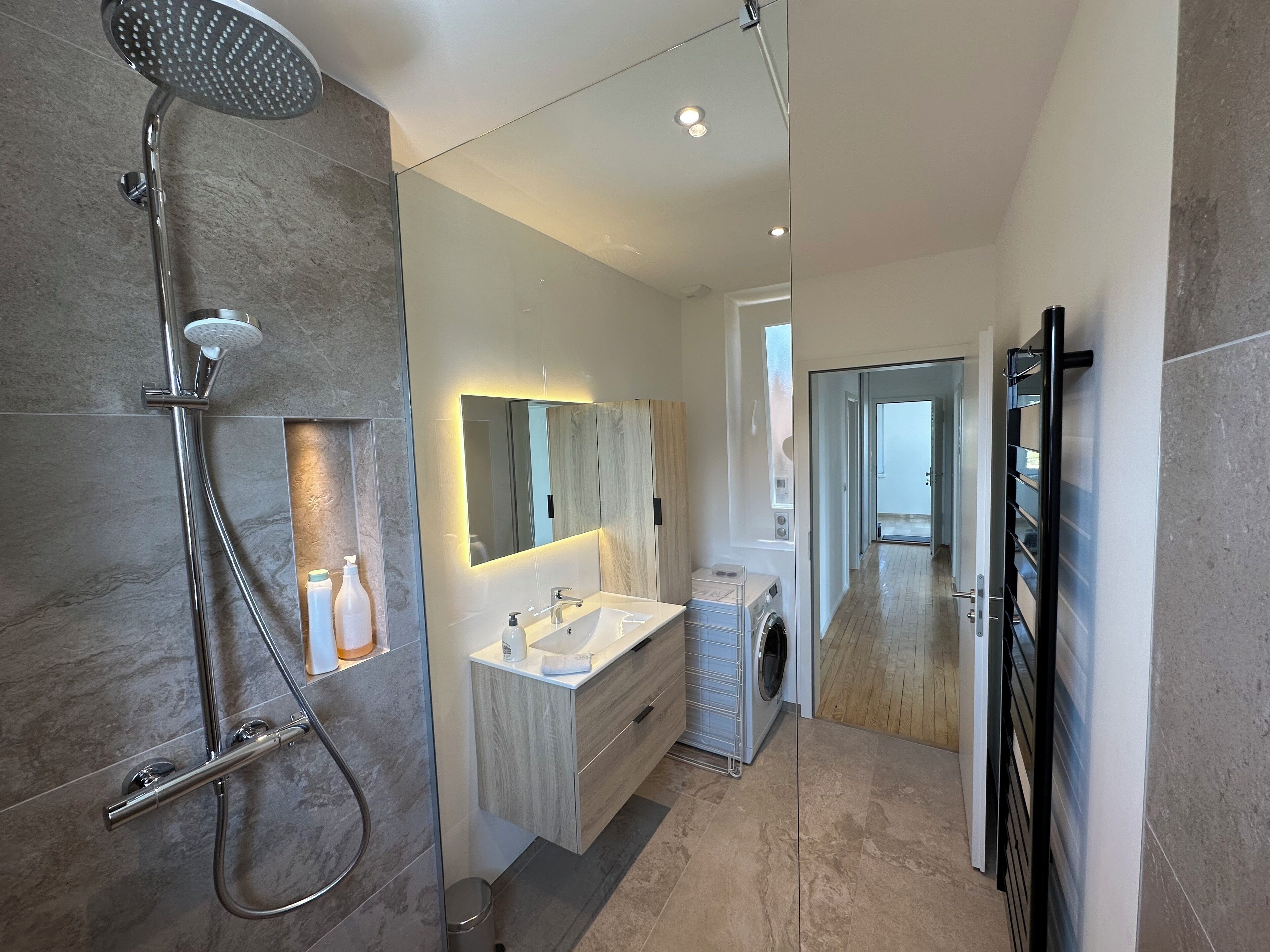 Shower, hair dryer, soap, toilet paper