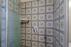 Een badkamer met blauw-witte betegelde wanden, een douchegedeelte en een handdoekrek.