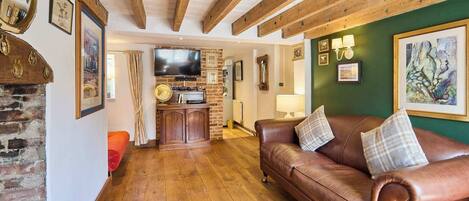 Televisio, takka, DVD-soitin, kirjoja