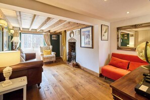 Télévision, cheminée, lecteur de DVD, livres