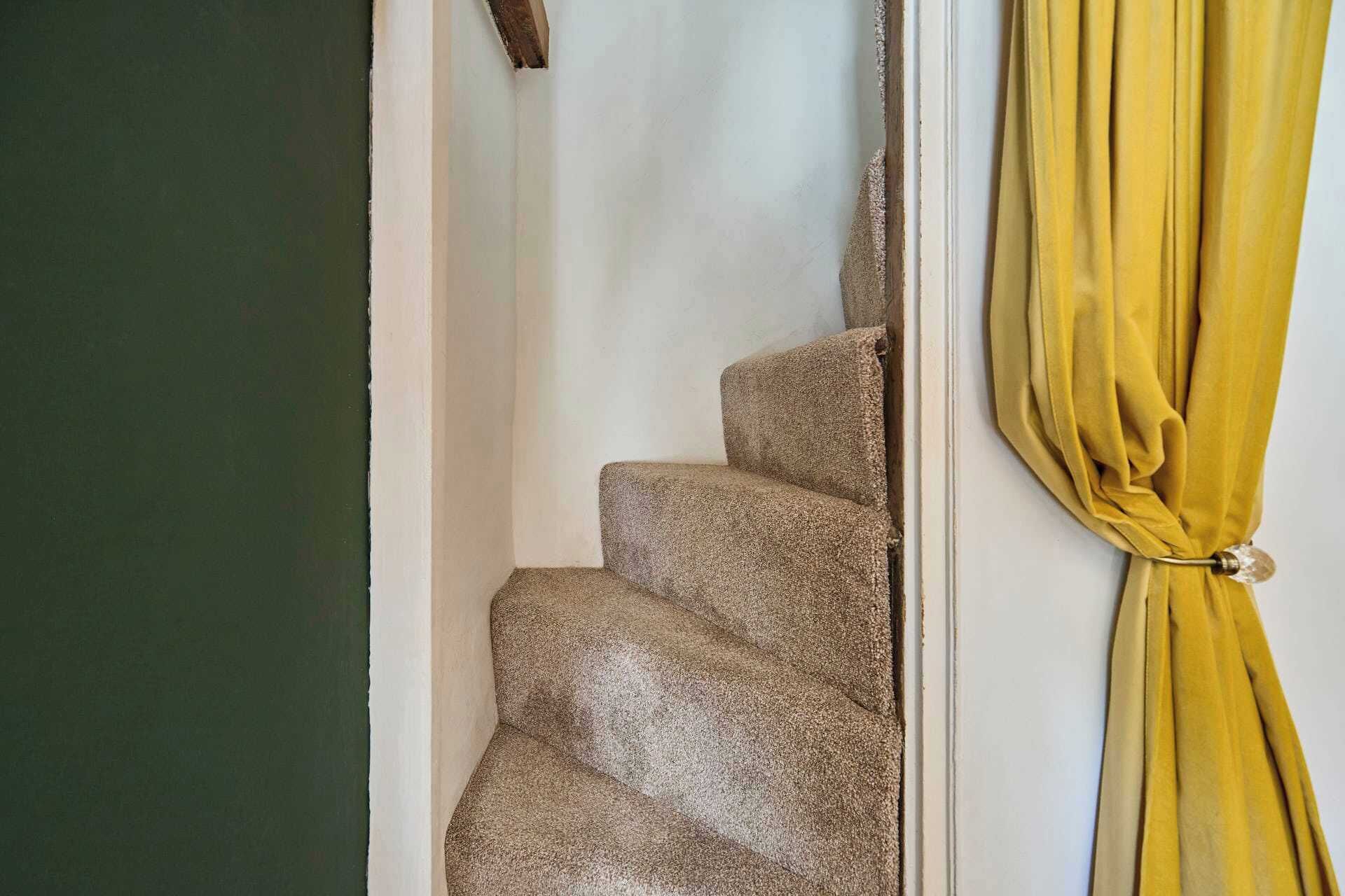 Un escalier dont les marches sont recouvertes de moquette, menant à un palier.