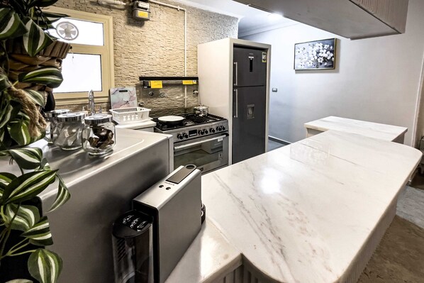 Basic Apartment | Private kitchen | Fridge, microwave, oven, stovetop