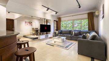 Apartamento básico | Zona de estar | Smart TV de 55 pulgadas con canales por satélite