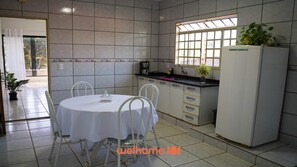 Fridge, coffee/tea maker, toaster, cookware/dishes/utensils