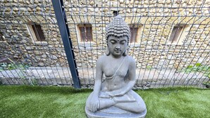 Une statue de Bouddha en pierre, représentant celui-ci assis sur un socle circulaire, est entourée d’une zone herbeuse. On aperçoit en arrière-plan un mur de pierre et une clôture en fil de fer.