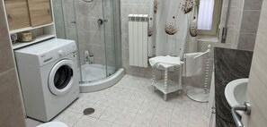 Shower, hair dryer, bidet, towels