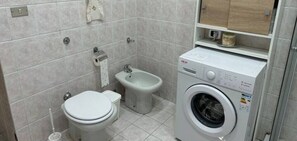 Shower, hair dryer, bidet, towels