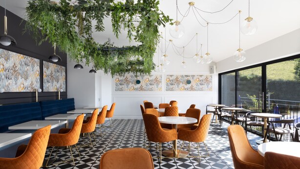 A modern interior with a geometric patterned floor, orange upholstered chairs, and a green hanging plant installation. - The Pheasant Inn (Grange-over-Sands)
