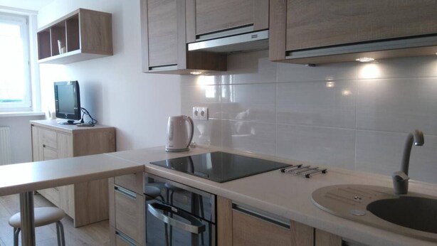 A modern kitchen with wooden cabinets, a built-in oven, a stovetop, and a sink. - CityCenter ŚLISKA studio (Warszawa)