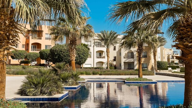 Une piscine entourée de palmiers et un bâtiment doté de nombreux balcons.