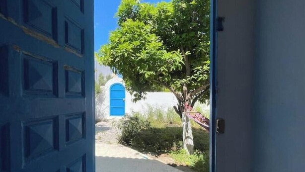 Une porte ouverte donnant sur une cour intérieure où se trouvent une porte bleue, un arbre et un mur blanc.