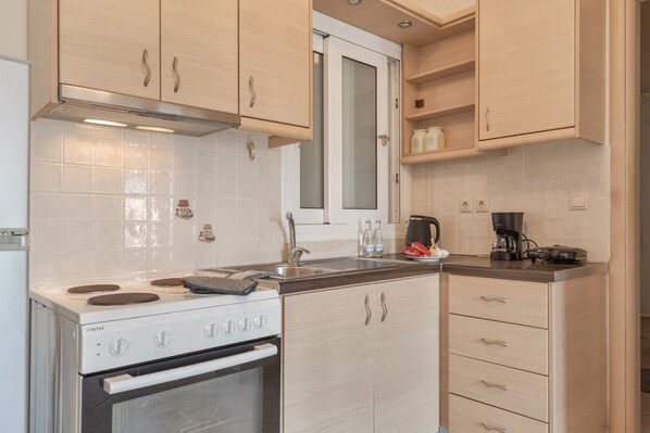 Fridge, oven, stovetop, coffee/tea maker