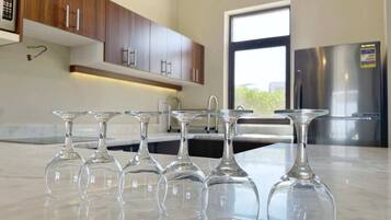 Basic Villa | Private kitchen | Fridge, microwave, oven, stovetop