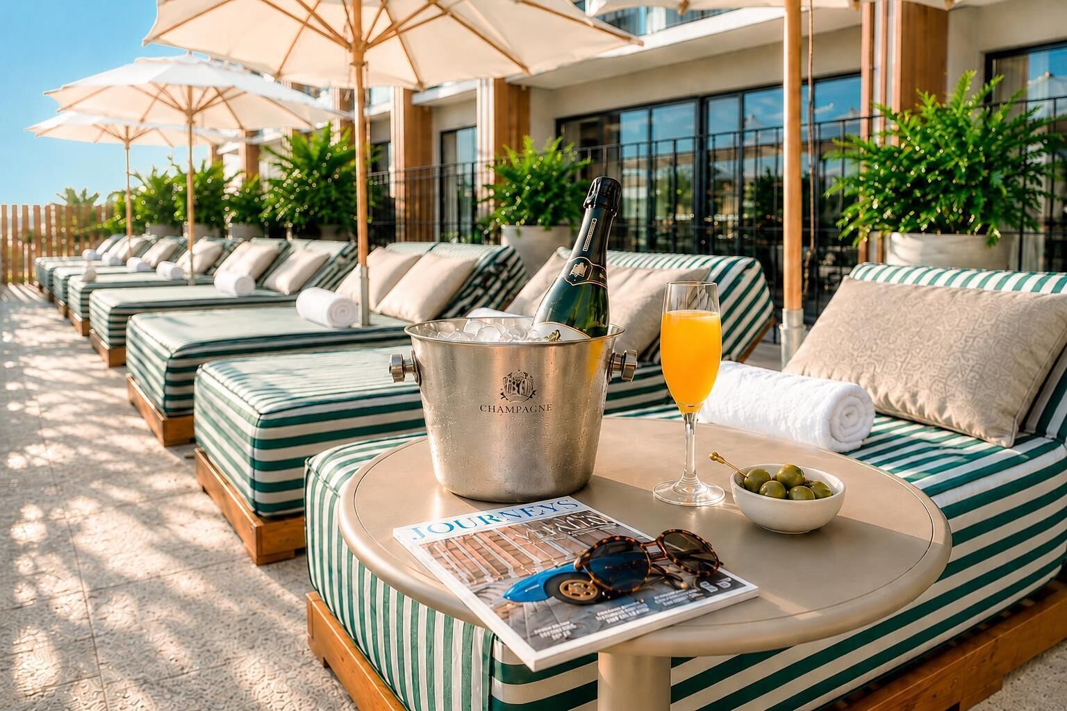 A poolside area with lounge chairs, a champagne bucket, a glass of orange juice, and a bowl of olives.
