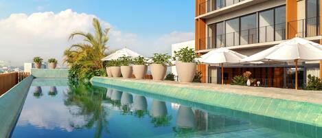 A rooftop swimming pool with a clear blue water surface, surrounded by potted plants and umbrellas, and a modern building with large windows in the background.