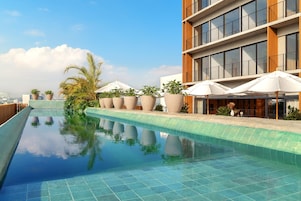 A rooftop swimming pool with a clear blue water surface, surrounded by potted plants and umbrellas, and a modern building with large windows in the background.
