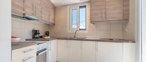 Fridge, oven, stovetop, coffee/tea maker