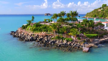 A coastal resort with a wooden walkway, palm trees, and a rocky shoreline.