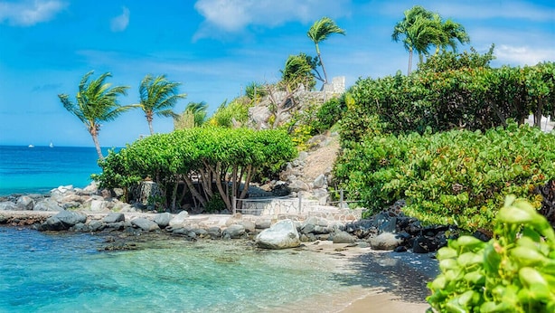 Une plage tropicale avec une eau turquoise et limpide, des palmiers et un paysage rocheux.