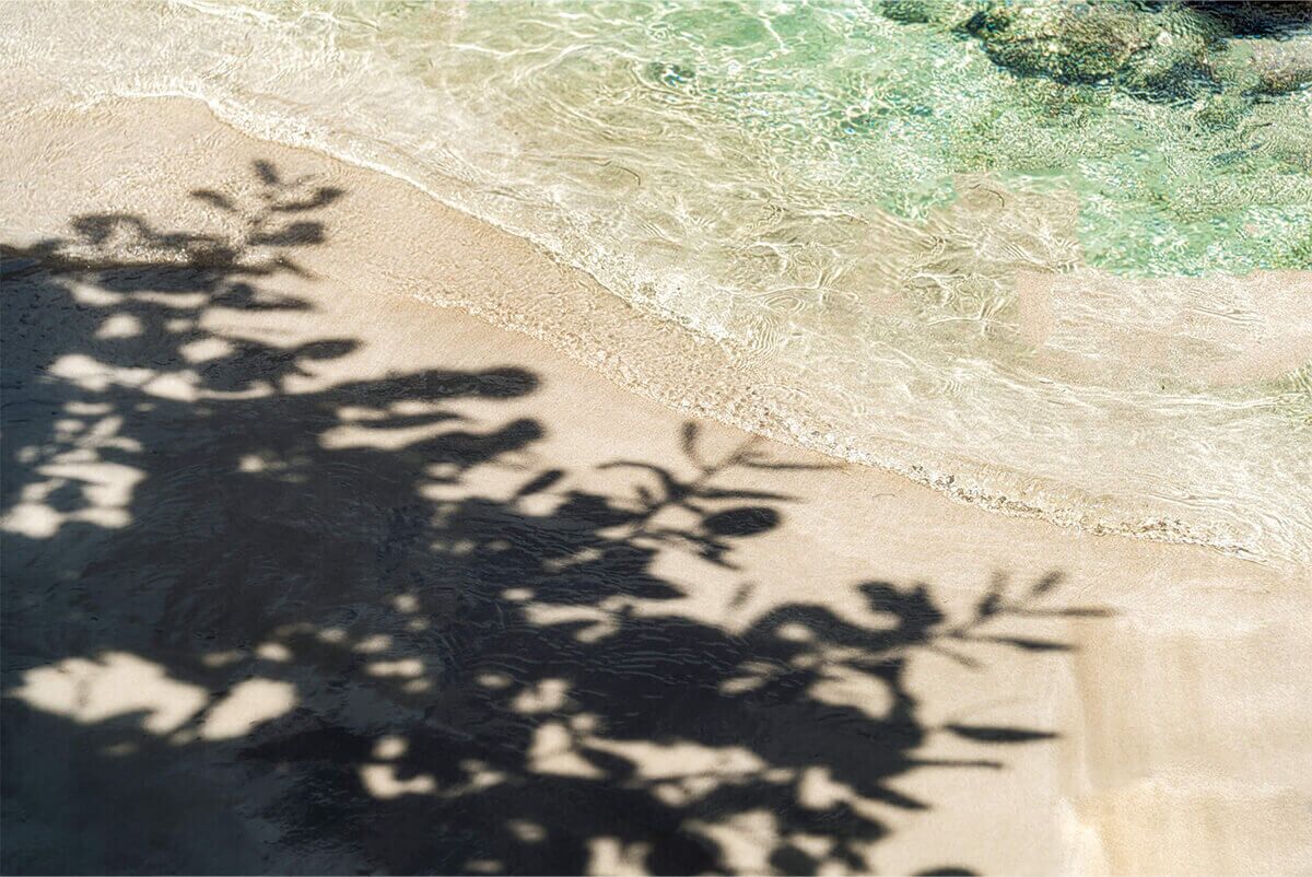Una playa con agua cristalina y sombras de árboles sobre la arena.