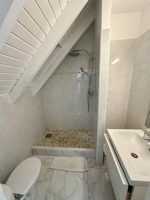 Douche, sèche-cheveux, serviettes fournies, savon