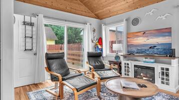 Smart TV, fireplace, DVD player, video library