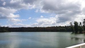 Un lago con una orilla boscosa y una barandilla blanca al frente.