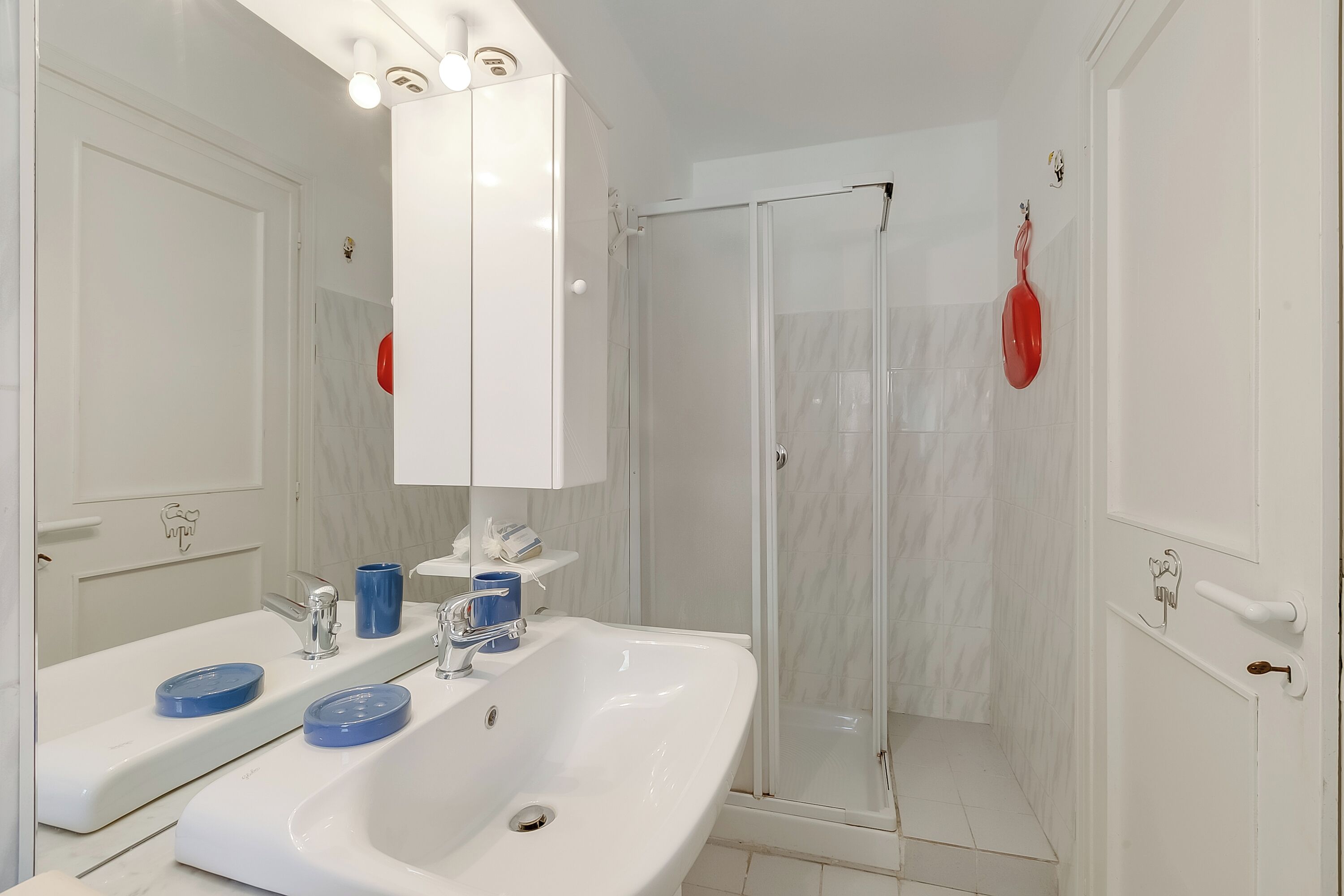 Une salle de bain avec un lavabo blanc, un miroir et un espace douche.