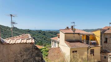 A hillside village with terracotta-roofed buildings, some with balconies and antennas.