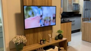 A modern living room with a flat-screen TV mounted on a wooden wall, a kitchen area with stainless steel appliances, and a decorative rug.