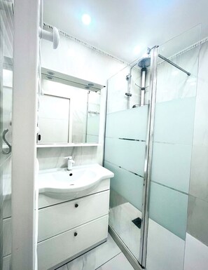 Shower, hair dryer, towels, toilet paper