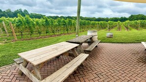 Een picknickplaats met houten banken en een tafel, omringd door een terras van baksteen en een wijngaard op de achtergrond.