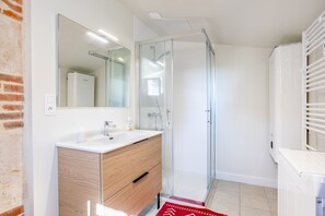 Shower, hair dryer, towels